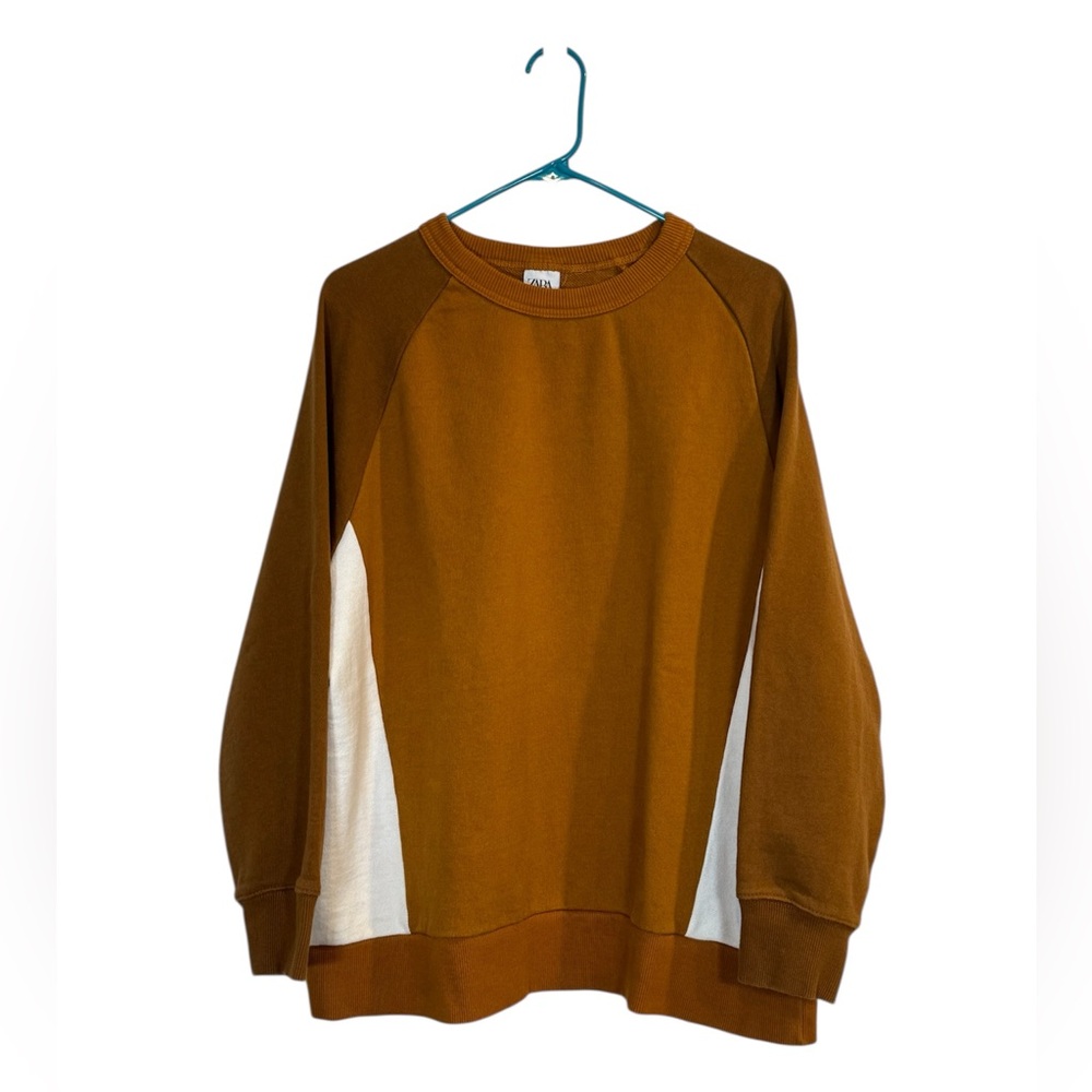 Zara Sweatshirt Women Medium Pullover Long Sleeve Crew Neck Colorblock Tan/White